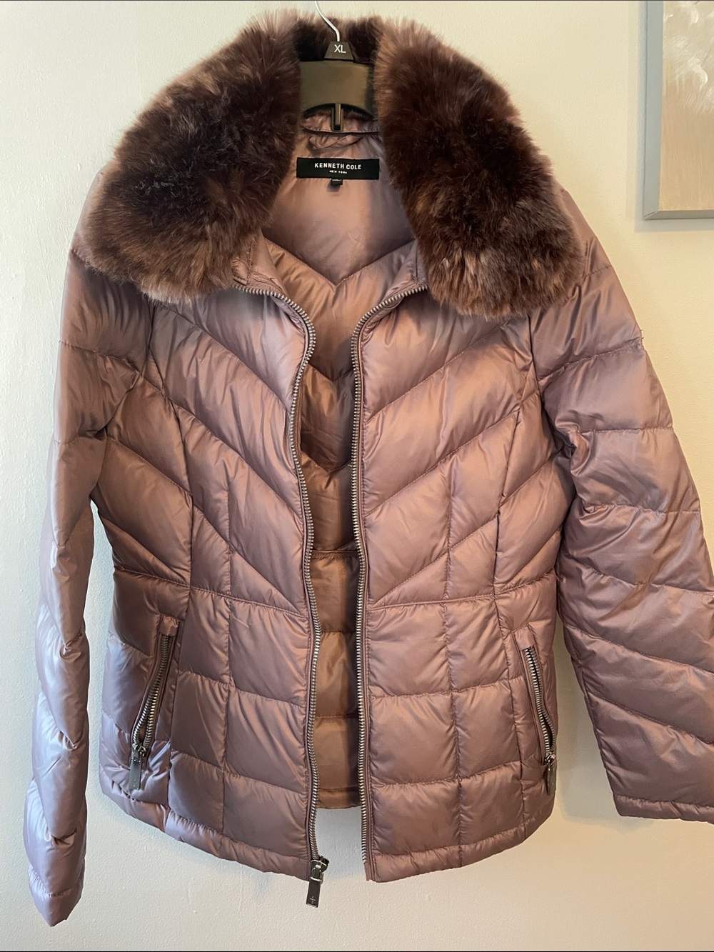 Kenneth Cole Mauve Quilted Puffer Jacket with Faux Fur Collar
